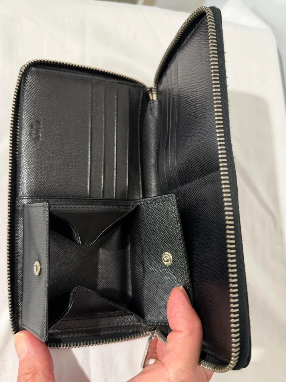 Prada Black Wallet with Embroidered Wing, Dagger & Red Heart Accent